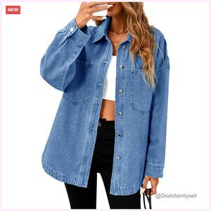 Oversized Denim Shirt Jacket Long Sleeve Button Down Casual Fall
